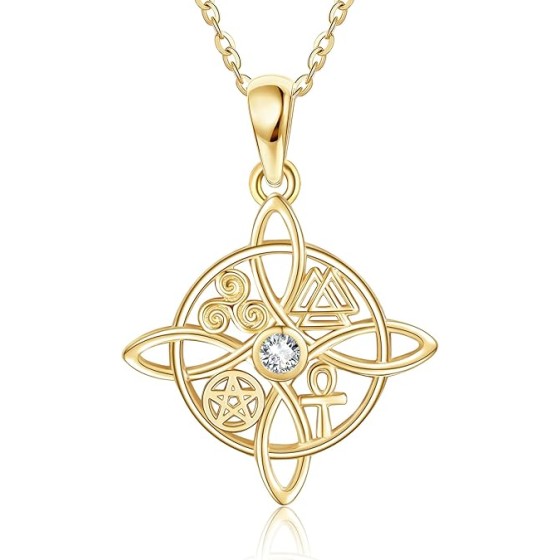 14K Gold Witches Knot/Bastet Cat/Sunflower Necklace Solid 14K Yellow Gold Sunflower/Egyptian/Witch Jewelry Gifts for Women